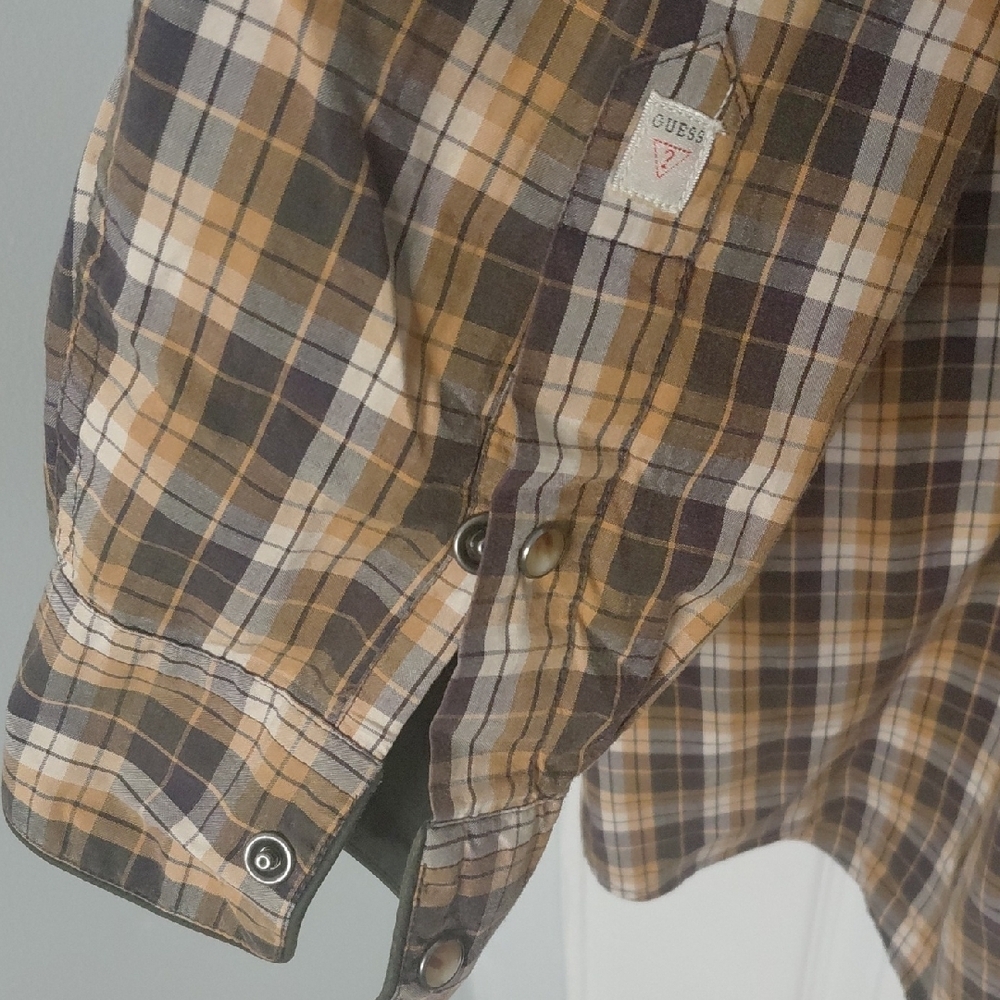 GUESS Men's Tan and Black Plaid Shirt - Picture 5 of 9